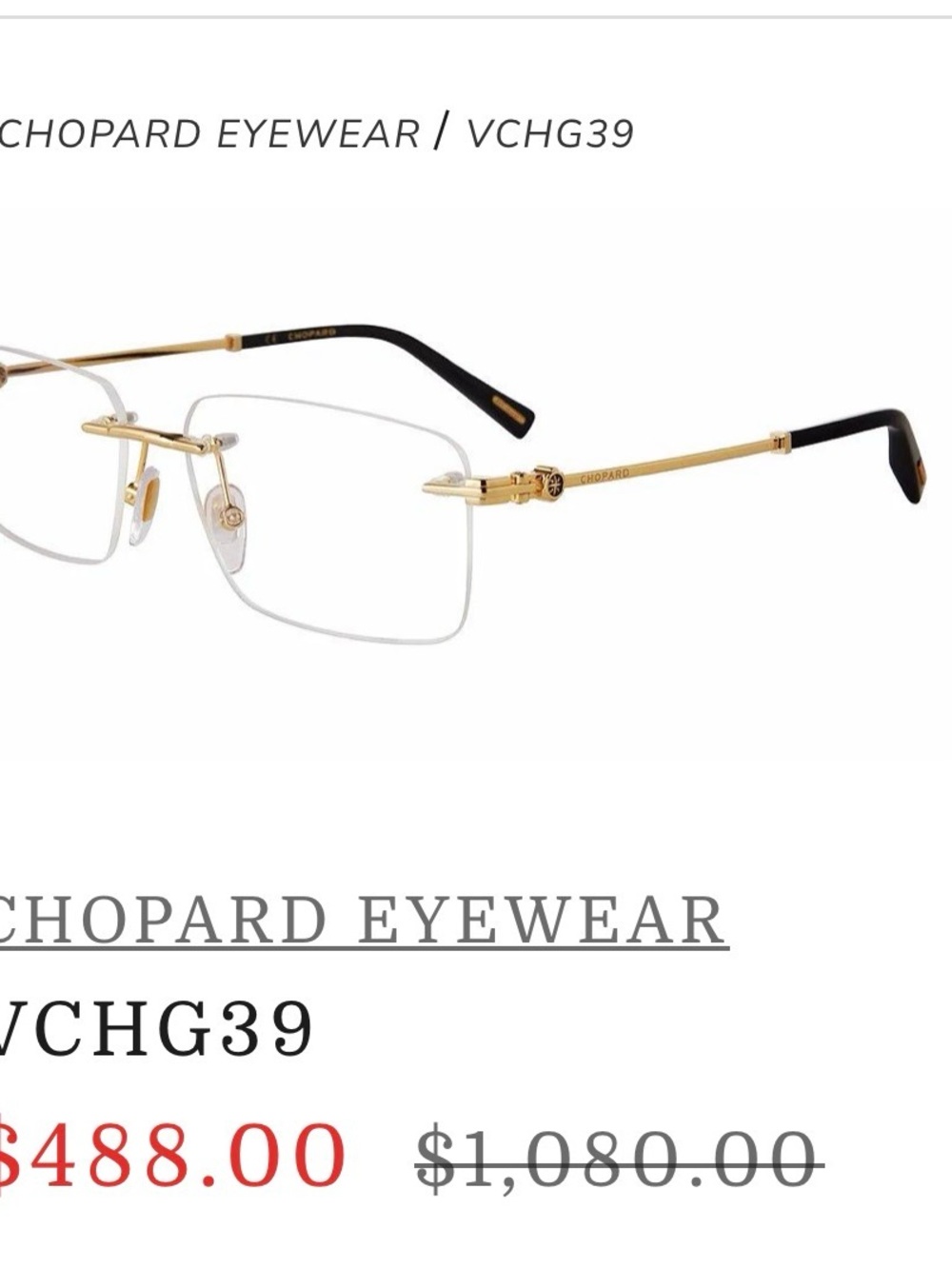 Chopard Men’s Rimless Eyeglasses in Gold and Black